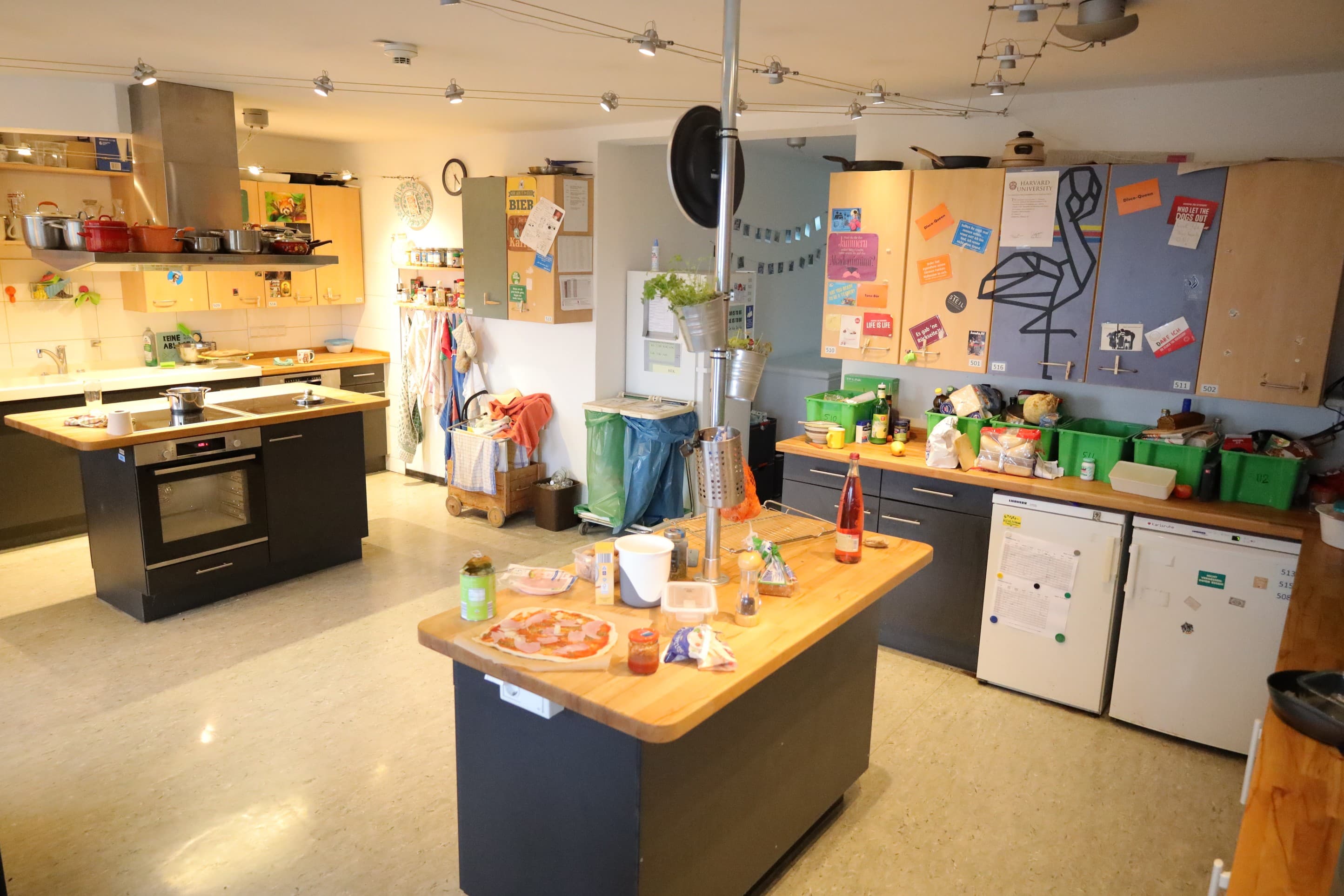 Ausschnitt einer renovierten Küche. Eine helle Küche mit Herd, Kühlschränken, Arbeitsflächen und Küchenschränken