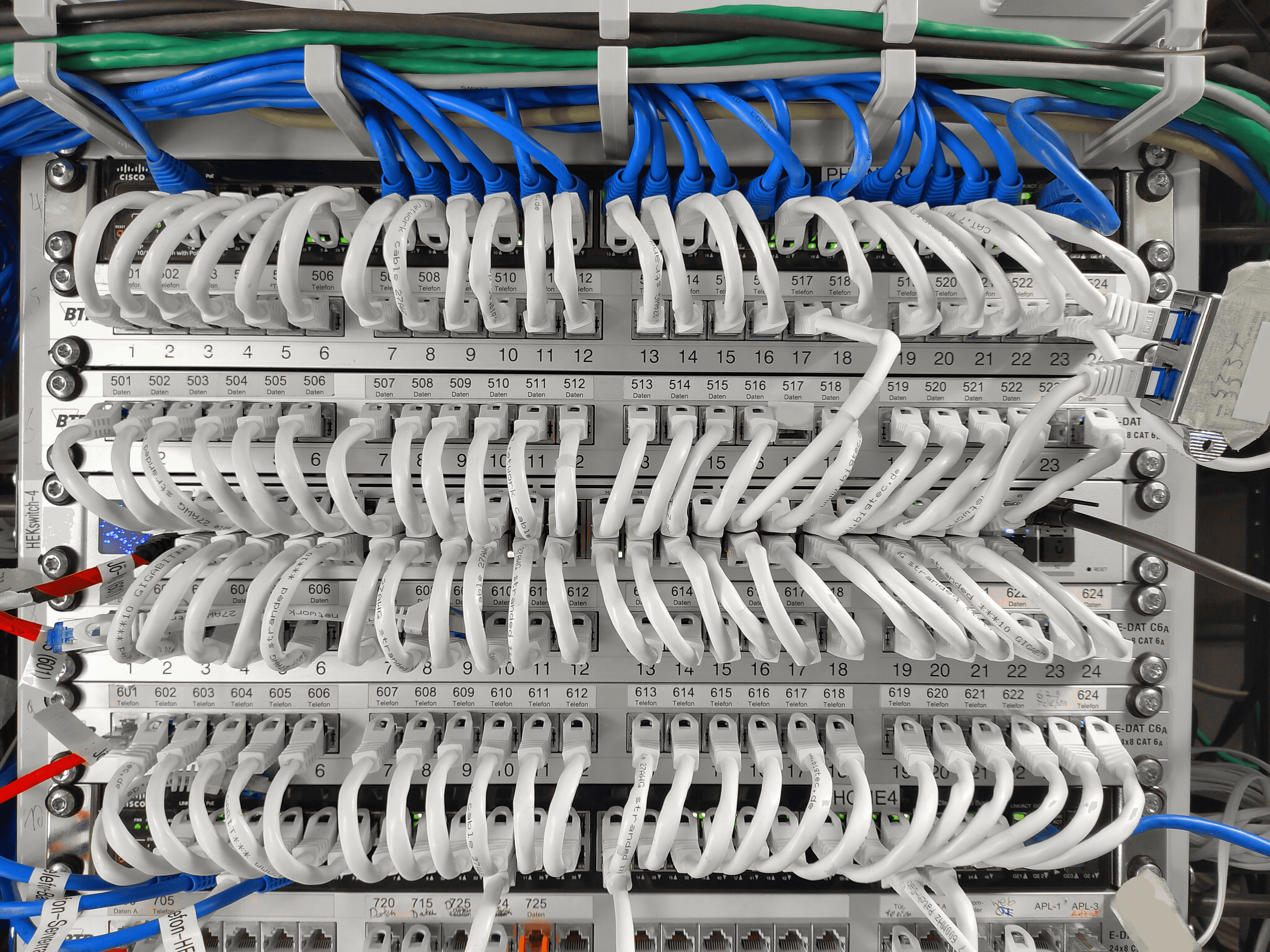 Ein Netzwerk-Switch mit vielen LAN-Kabeln in einem Serverraum